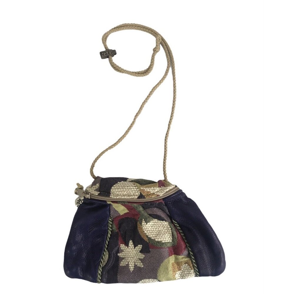 Erda Womens Leather and Cloth Small Clutch Purple Green Zipper Adjustable Straps